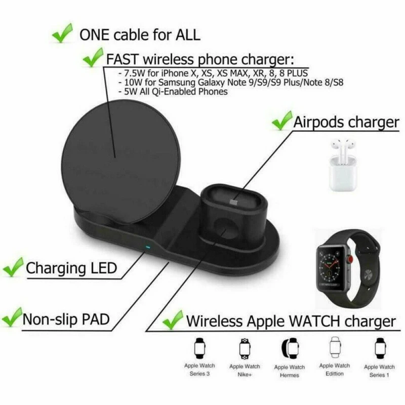 3 In 1 Fast Charging Wireless Charger For Apple Watch 2 3 4 Airpods iPhone X XR 11 Pro Xs Max 8 Plus Samsung A50 S9 S8 Note 9 8