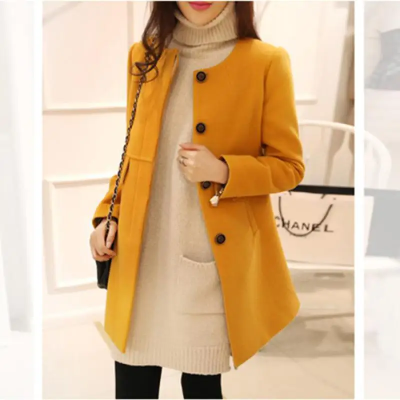 Новинка, весеннее осеннее шерстяное пальто размера плюс, женское Свободное пальто a-aline с длинным рукавом и круглым вырезом, средней длины, черное, желтое, корейское пальто Casacos