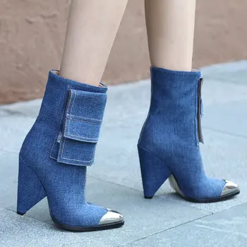 

Western cowboy Boots Women Boots Fashion Blue Denim High Heel Ankle Boots Slip On Autumn Winter Boots Woman