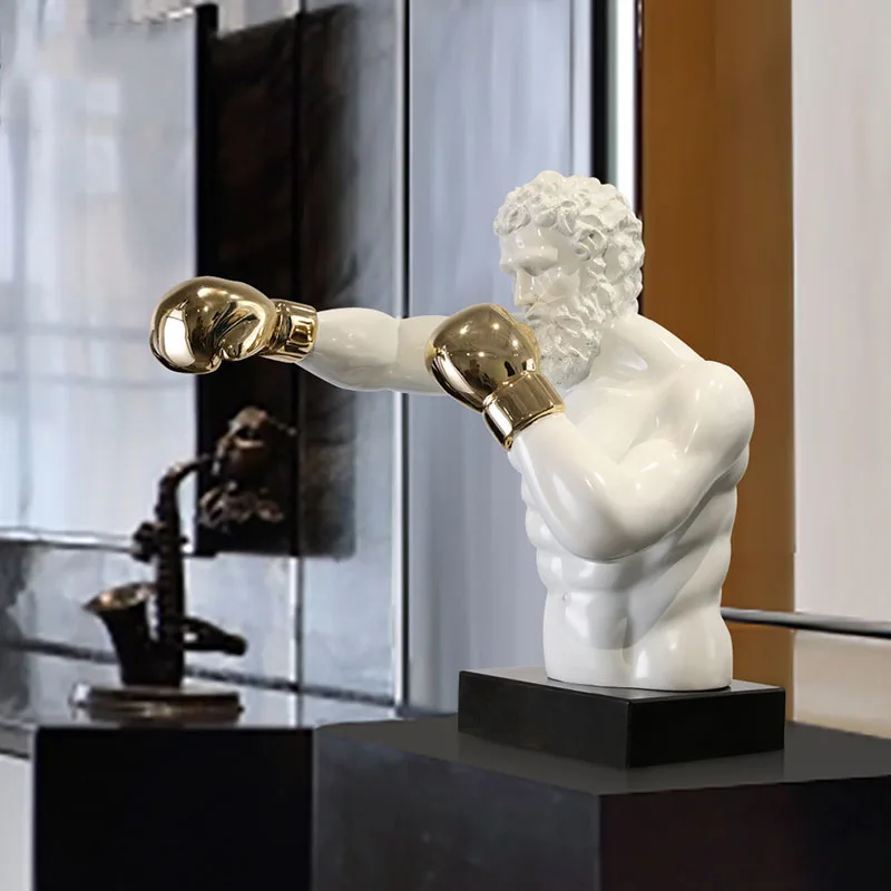

Moder Strong Fighter Man Wearing Golden Gloves Head Portraits Large Resin Statue Creative Black Marble Home Decor Art Craft Gift