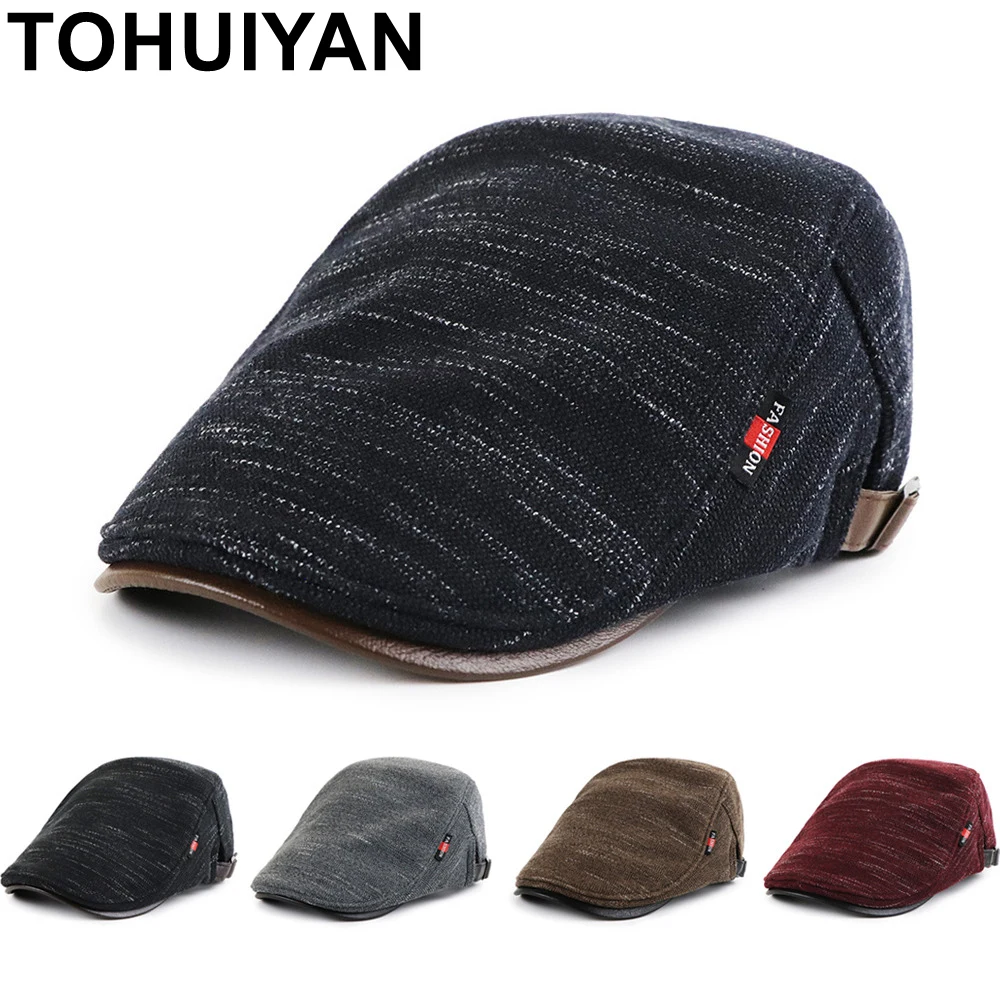 

TOHUIYAN Classic Knitted Newsboy Hats For Men Fall Winter Cabbie Caps Male Gorras Planas Beret Hats Outdoor Warm Flat Golf Caps