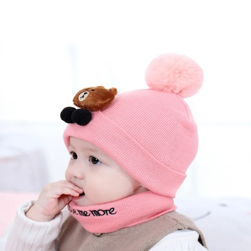 Newborn Fashion Baby hats 0-3-6-20 months men and women baby wool cap thick warm collar newborn hat autumn and winter - Color: pink