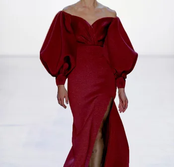 

Long Dresses Plus Size Elegant Puff Sleeve Burgundy Dress For Women Party Prom Fashion Cocktail Silk Satin High Quality Vestidos