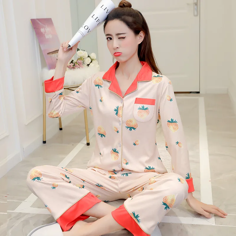 

884 # Strawberry Pocket Emblem JD Cardigan Long Sleeve Pajamas Homewear Set Series