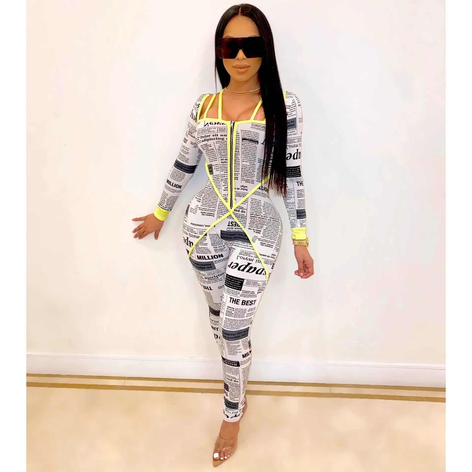 Комбинезон с квадратным воротником и газетным принтом, женский сексуальный комбинезон в полоску с вырезами, Облегающий комбинезон, женский комбинезон для ночного клуба, комбинезон на молнии - Цвет: yellow jumpsuit