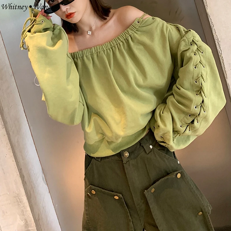 Армейский зеленый WHITNEY WANG Spring Autumn Fashion Streetwear Sexy Slash neck Lace Up Lantern Sleeve Sweatshirt Women Hoodies Pullover - Цвет: Армейский зеленый