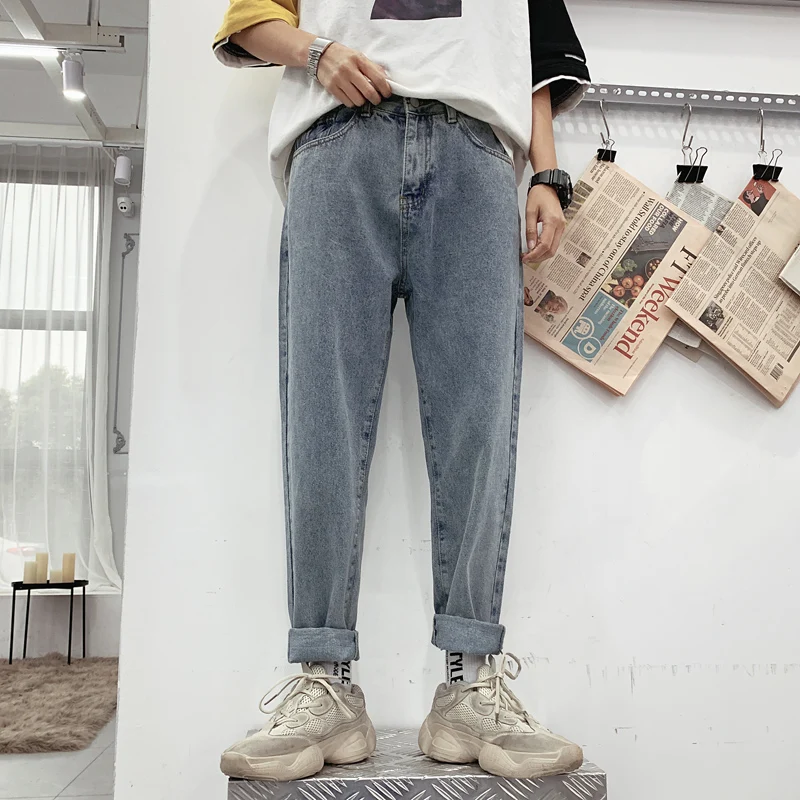LAPPSTER мужские корейские модные прямые джинсы шаровары джинсовые мужские джинсы в стиле хип-хоп винтажные джинсы с высокой талией Повседневная Дизайнерская одежда - Цвет: Light Grey