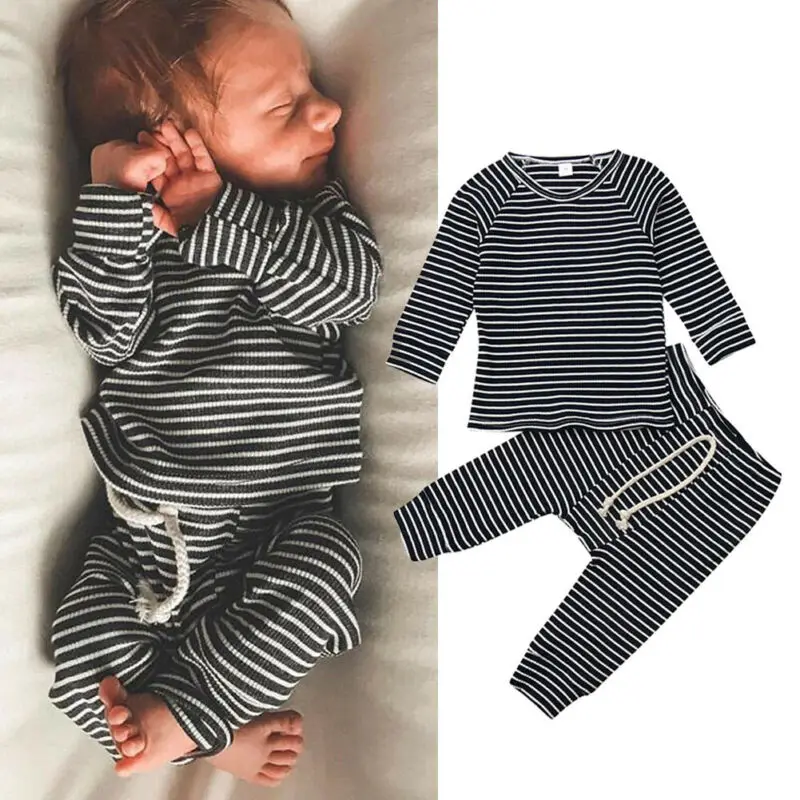 

2019 2Pcs Newborn Toddler Infant Baby Boy Girl Clothes Striped T-shirt Tops +Pants Leggings Outfit Set Long Sleeve Clothing