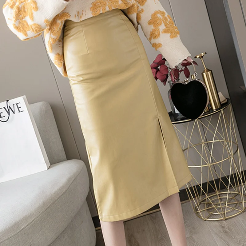 

Shintimes Skirts Women PU Leather High Waist Solid Straight Elegant Split Skirt Female Midi PU Skirts Womens 2020 Autumn Winter