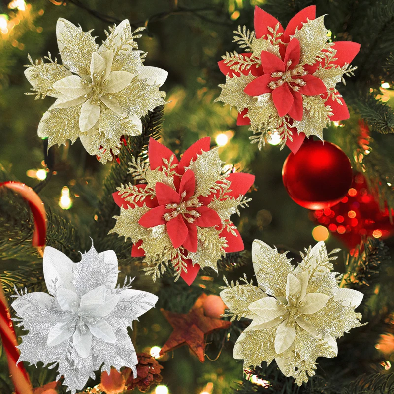 5pcs Artificial Christmas Flowers Glitter Fake Flowers Merry Christmas Tree Decoration Home DIY Xmas Gifts Ornament Navidad