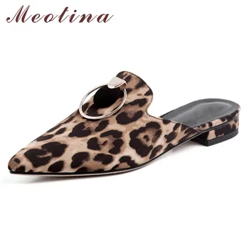 

Meotina Spring Flats Women Shoes Kid Suede Flat Mules Shoes Genuine Leather Leopard Pointed Toe Shoes Female 2020 Big Size 33-42
