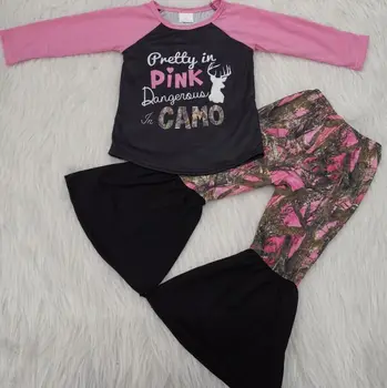 

Toddler girl clothes ready to ship pink color bell bottoms pants camo print baby black color 2pcs outfits clothing sets