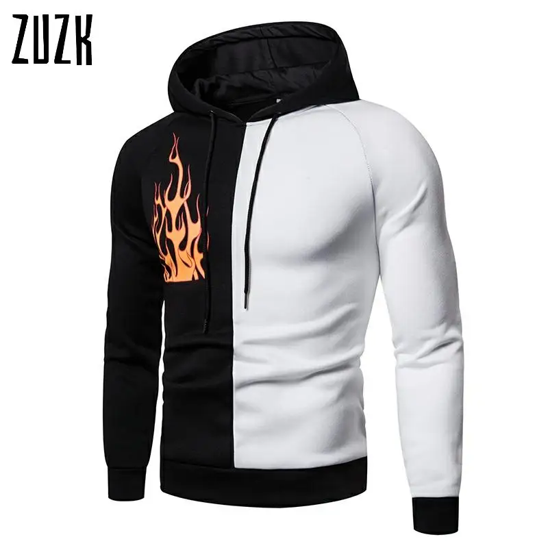 

Flame Printed Mens Patchwork Hoodie Tops Fashion Long Sleeved Jogger Men Sweatshirt GYM Slim Fit Hoodie