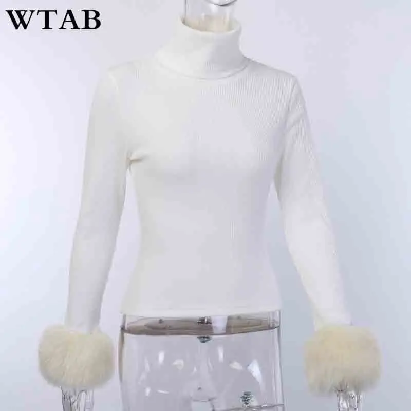 WTAB, новинка, высокая уличная однотонная меховая водолазка, футболки, женские, длинный рукав, тонкие топы, Осень-зима, женские тянущиеся обтягивающие футболки, femme