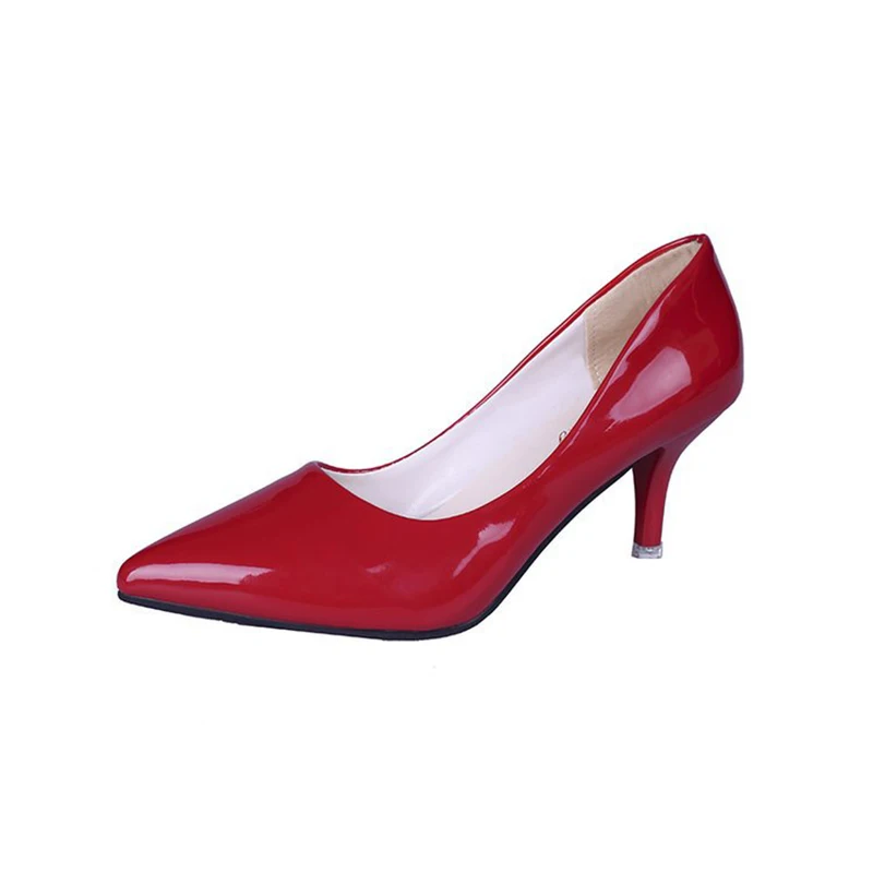 

Women Sexy High Heels Sandal Low-heeled Pointed Toe Bright Leather Comfortable Cortex Office Lady Summer Shoes Female Sandals