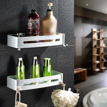 

Shampoo With Hooks Bathroom Shelf Soap Shower Accessories Home Wall Mounted Holder Space Aluminum Without Drilling Hanging