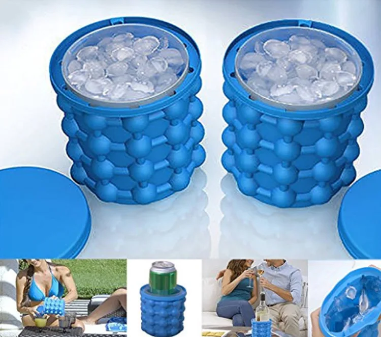 Dropshipping Portable 2 in 1 Large Silicone Ice Bucket Mold with Lid Space Saving Cube Maker Tools for Kitchen Party Barware