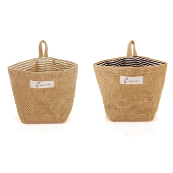 

2x Cotton Linen Art Flower Pot Small Sack Hanging Jute Cotton Dot Storage Basket Storage Bag(Blue Stripes&Yellow Stripes)