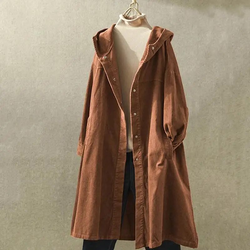 

ZANZEA Women Vintage Corduroy Jackets Autumn Hoodies Long Sleeve Thin Coats Female Buttons Down Long Cardigan Hooded Outwear Top