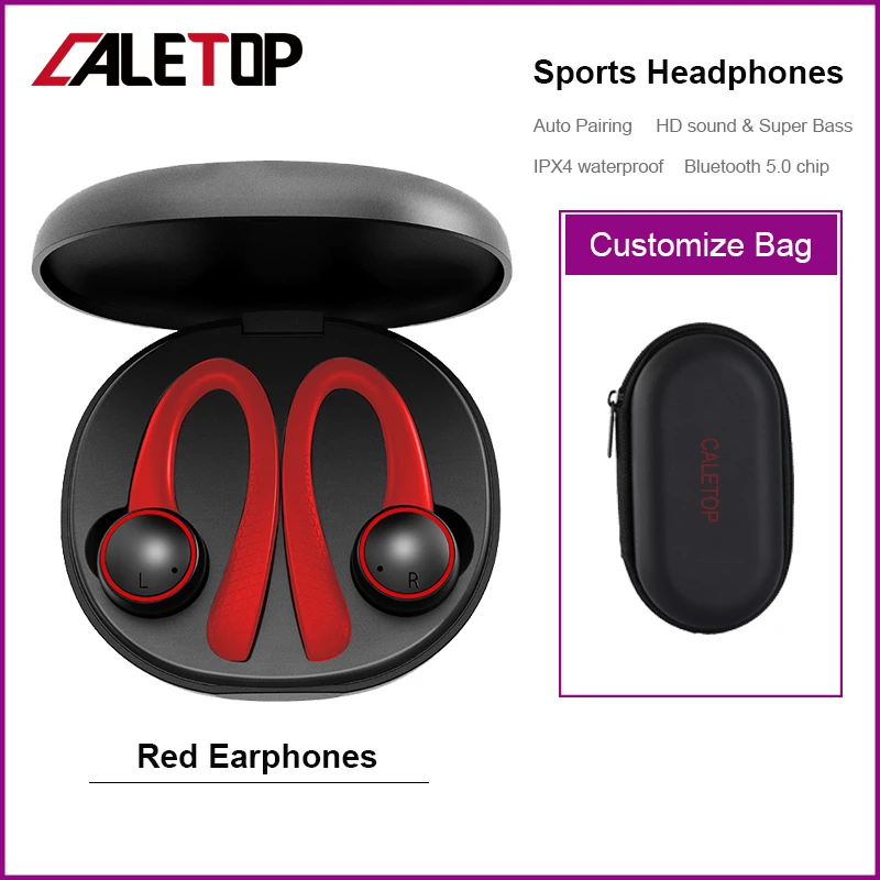 True Wireless Sports Earphones Bluetooth Earbuds Running Headsets For Xiaomi For Huawei Earphones with Microphone Ear Hook - Цвет: Red with case