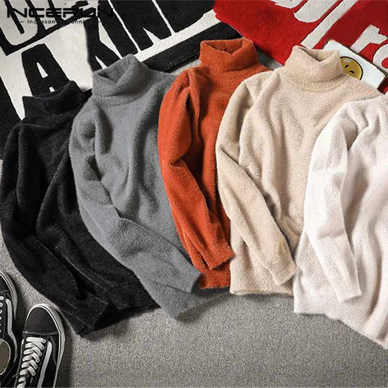

INCERUN Mens Turtleneck Pure Color Warm Sweater Long Sleeve Casual Warm Wild Tops Men Korean Sweatshirt 5XL Sueter Masculino