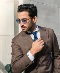 2Pcs Peak Lapel Jacket Pants Custom Made Brown Plaid Blazer Trousers Men's Suits Sets Groomsmen Wedding Party Wear Male Clothing