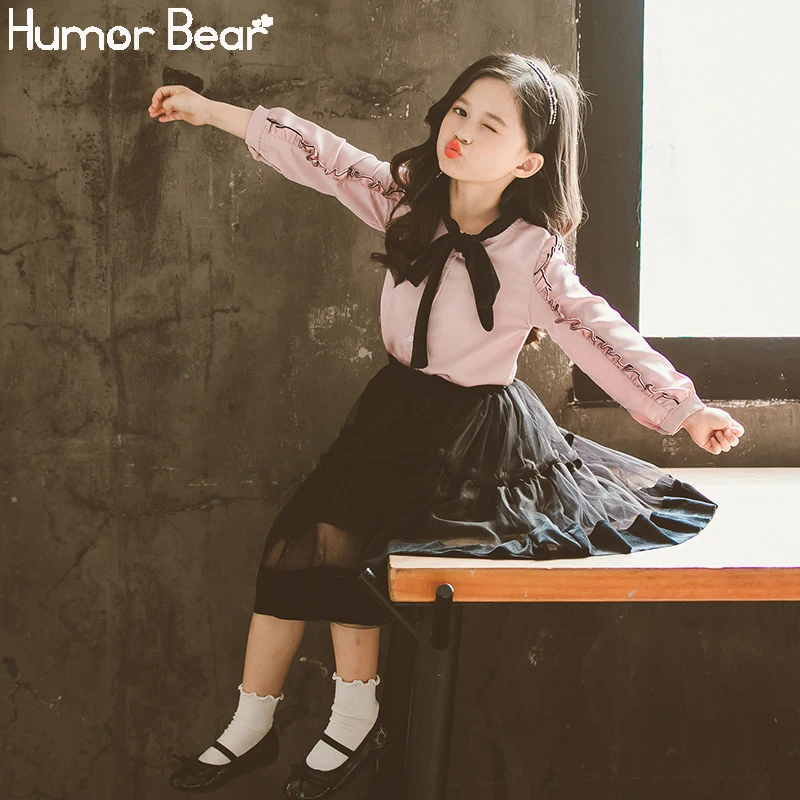Humor Bear/ г. Осенний комплект одежды для девочек Футболка с оборками в американском стиле+ сетчатая юбка комплект из 2 предметов комплект одежды для малышей