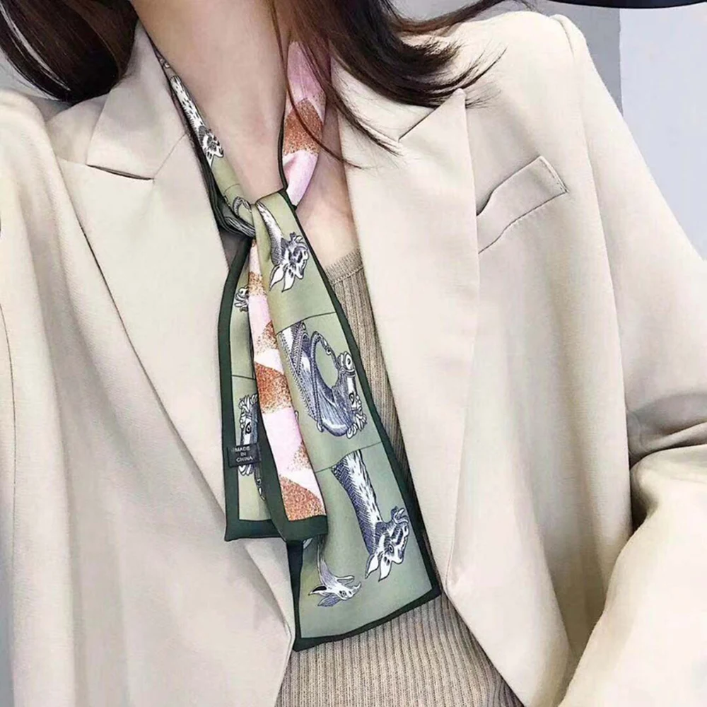 

98cm Bright Luxury 2021 Spring Summer New Pattern Print Lady Silk Riband Bags Scarf Small Ribbon Hair Band DIY Scarves Wholesale