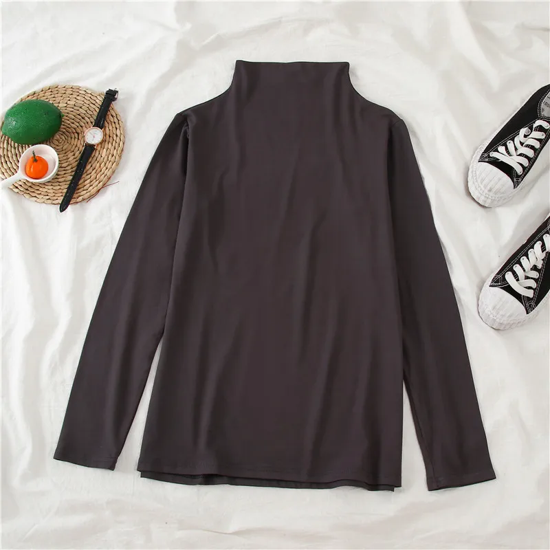 Dark Grey Semi-high Женская футболка с высоким воротником GCAROL, эластичная футболка в полоску с длинными рукавами и спущенными плечами, без подкладки - Цвет: Dark Grey Semi-high