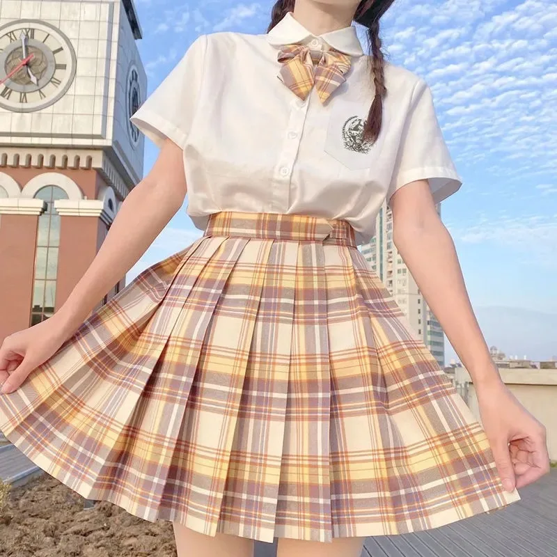 [Ice Cream] Japanese Girl Summer Blue Plaid High Waist Pleated Skirts Plaid Skirts Women Dress For JK School Uniform Students