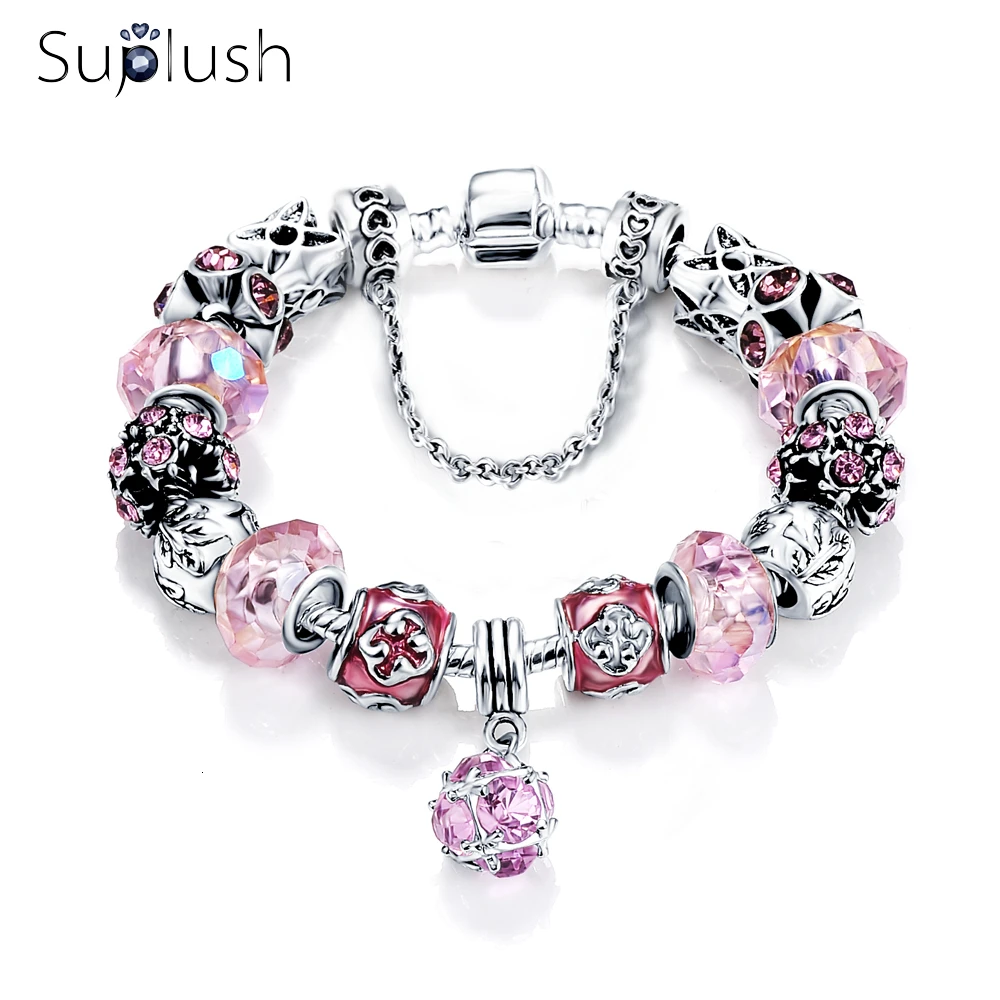 Suplush 925 Модный серебряный браслет с шармами для женщин кристаллами и жемчугом
