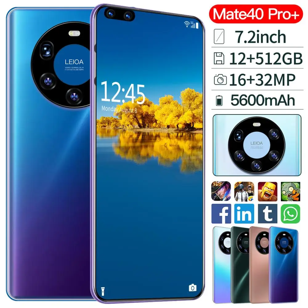 Mate40 Pro+ 7.2 Inch  8GB 128/256GB 512GB 10 Core Dual SIM Face ID Mobile Phones MT6889 HD Screen Cell Smart Phone Global