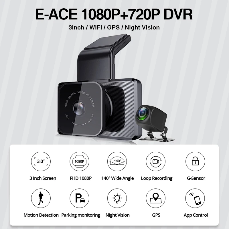 E-ACE B05P Car Dvr 3 Inch Mini Wifi Dash Cam FHD 1080P Dashcam With Bult in GPS Tracker Video Recorder Support Rear View Camera
