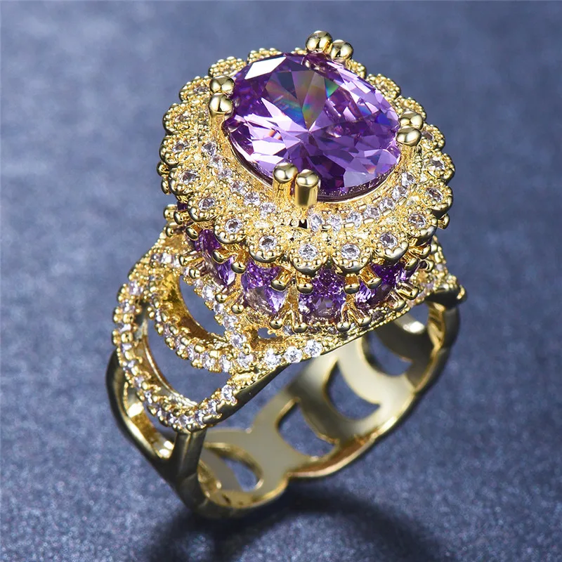 

Women Big Yellow Gold Finger Ring Vintage Wedding Bands Large Red Purple Stone Ring Luxury Promise Love Engagement Ring