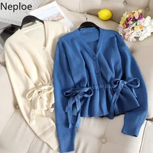 Neploe New V Neck Knitted Sweater Cardigans Women Slim Waist Lace Up Bow Solid Pull Femme Autumn Slim Elegant Button Coat 46944