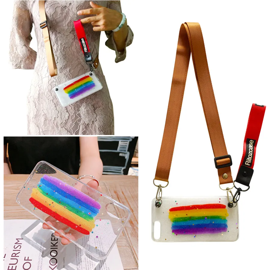 

ins rainbow strap case for iphone 8 7 XS MAX XR X 6s 6 plus case cover glitter transparent shoulder lanyard soft phone bag capa