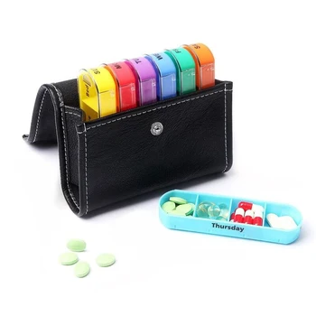 

BPA-Free Pill Organizer Box Weekly Case Easy to Slide Durable Leather Pouch P9