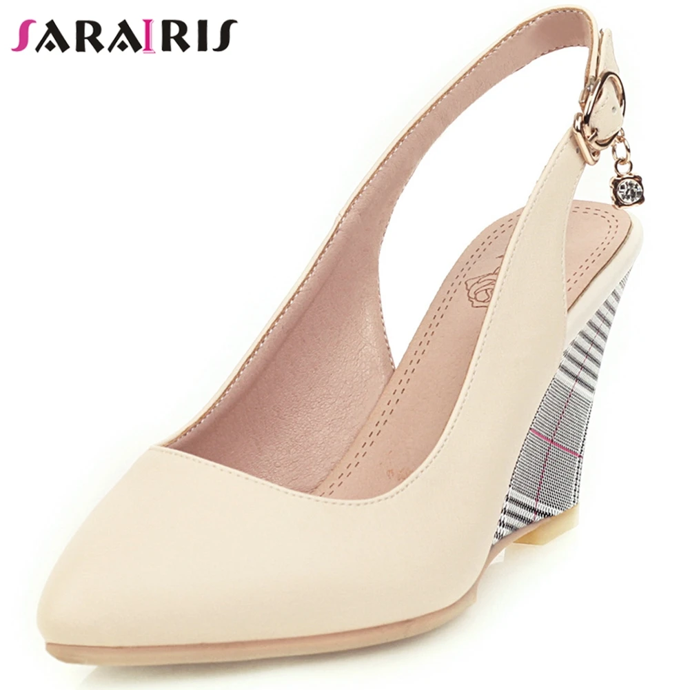 

SARAIRIS New Female Seyx Pointed Toe Sandals Gingham High Wedges Sandals Women Summer Office Elegant Shallow Shoes Woman