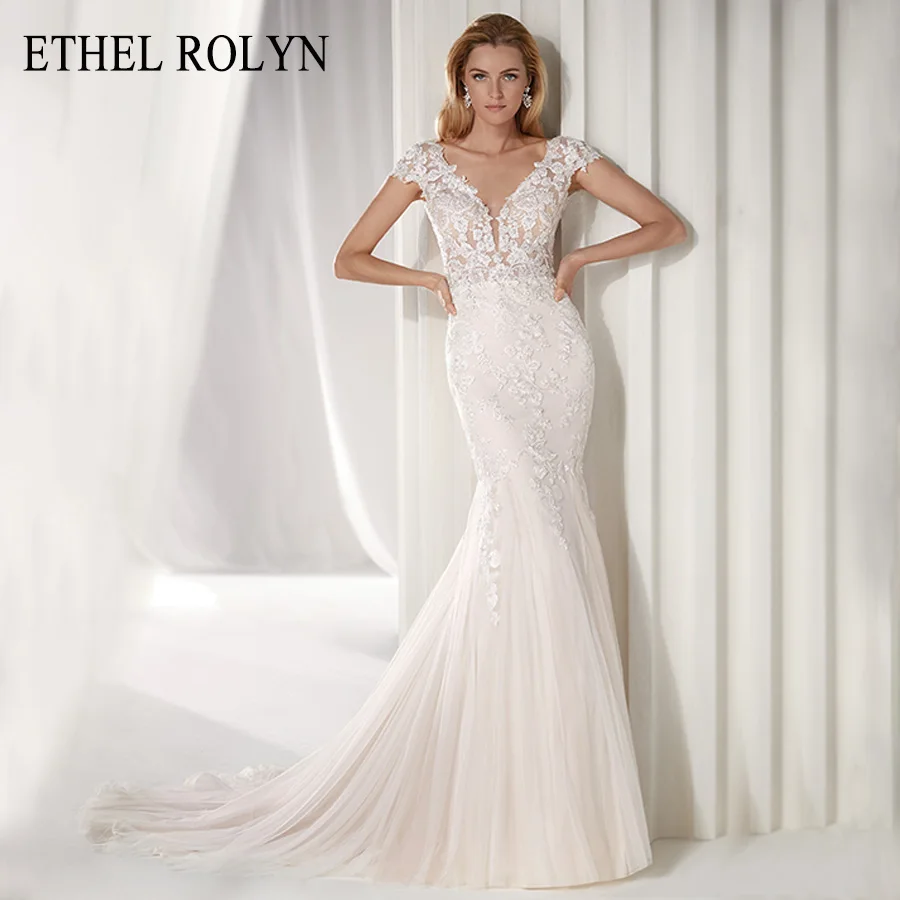 

ETHEL ROLYN Sexy Backless Romantic Mermaid Wedding Dresses 2020 Illusion V-Neckline Short Vintage Wedding Gowns vestido de novia