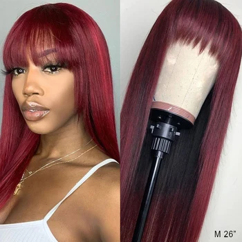 

180% Density Lace Front Human Hair Wigs With Bangs Burgundy 99J Color 4 Straight Brazilian Remy 13x4 Lace Front Wig Bleach Knots