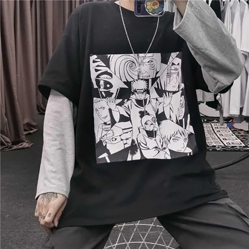 Harajuku style loose Anime Naruto print fake two piece patchwork hoodies Autumn long sleeve pullover Sweatshirt women men - Цвет: Черный