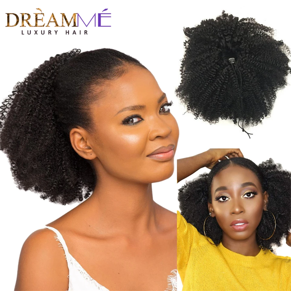 Brazilian Human Hair Drawstring Ponytail Extension Afro Kinky Curly Natural Clip Ins For Women | Шиньоны и парики