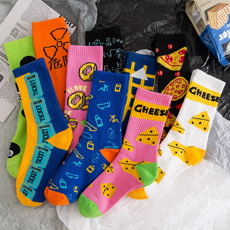 

PEONFLY Funny Cute Cartoon Women Socks Food Pizza Cheese Donuts Pattern Happy Socks Colorful Novelty Skateboard Unisex Socks