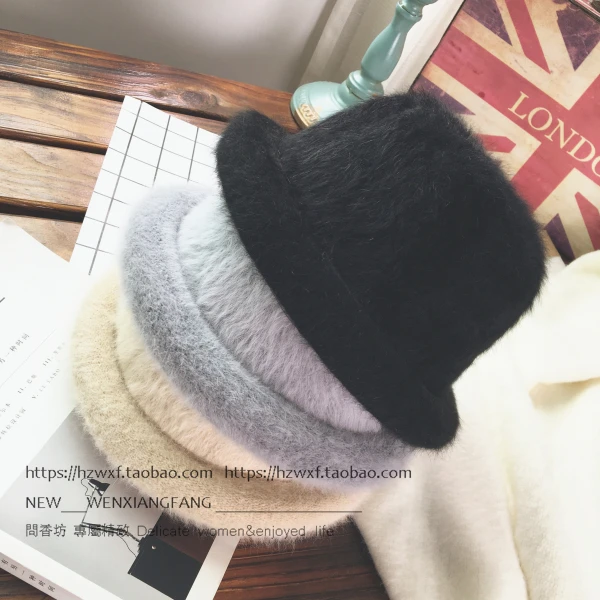 Осенняя и зимняя английская Вельветовая шапка с кроликом, верхняя шапка в Корейском стиле, Женская однотонная теплая вязаная шерстяная шапка, шапка для бассейна