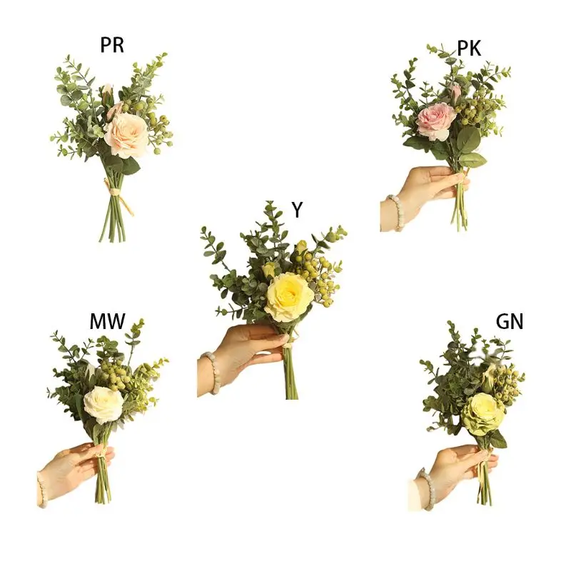 

Artificial Rose Flower Bridal Bouquets With Fake Plants Eucalyptus Leaves Berries Wedding Party Table Centerpieces Home Decor