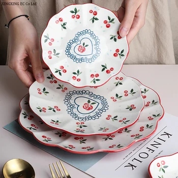 

Hand-painted Cherry Ceramic Plate Household Tableware 10 Inch Creative Plate Steak Plate Cute Fruit Plate Small Plate Tableware