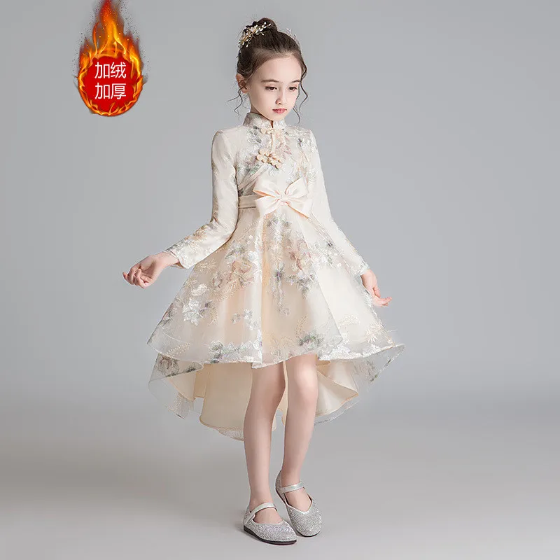 Новогоднее платье принцессы со шлейфом; костюм платье-пачка Снежной Королевы; Сетчатое платье; китайское платье; одежда принцессы для девочек