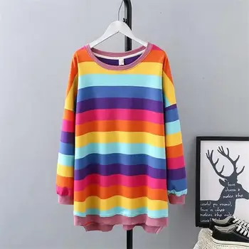 

Womne Winter Casual Long Sleeve Sweatshirt Plus Size O Neck Hoodies Striped Rainbow Stripe Loose Pullover Tops