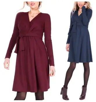 

Fashion Long Sleeve Sash Women Maternity Clothes Casual Nursing Dress Cross V Neck Maternity Solid Color Comfortable Dresses