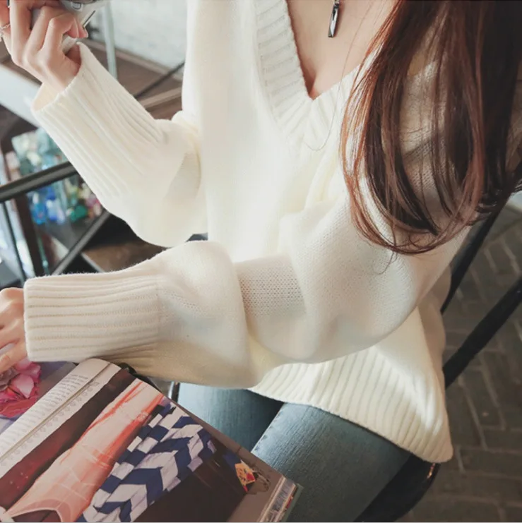 

Autumn And Winter Korean-style Big V-neck Pullover Sweater Mid-length Loose And Plus-sized Lantern Sleeve New Style Thick Sweate